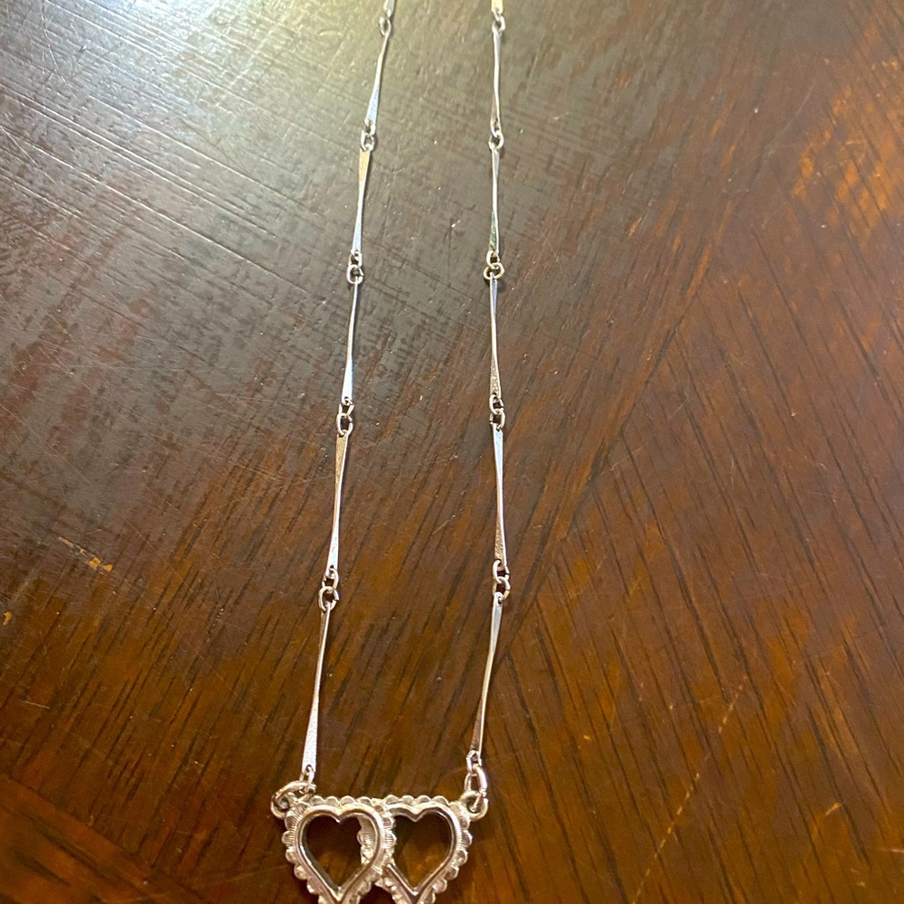 Ladies fashion double heart necklace silver tone